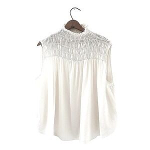 Sleeveless Smocked Mock Neck Top Blouse White Casual Elegant‎